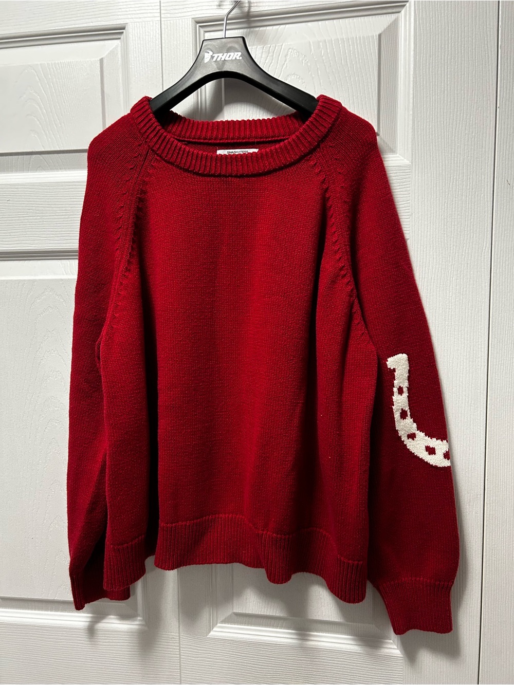Smash + Tess Red Crewneck Sweater with White Horseshoe Elbow Patch